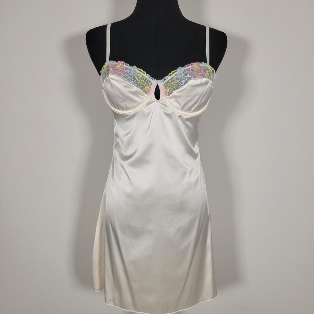 Vintage Inspired Ivory Satin Slip Dress Floral Lace Bustier Nightgown Medium Y2K